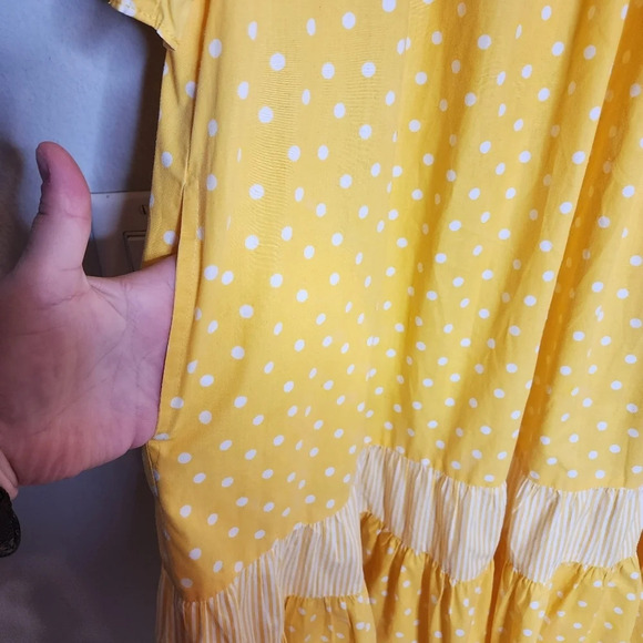 Vintage Two Potato Yellow Polka Dot Midi  Dress Mumu Wide Sleeve Pockets XL - Picture 3 of 16